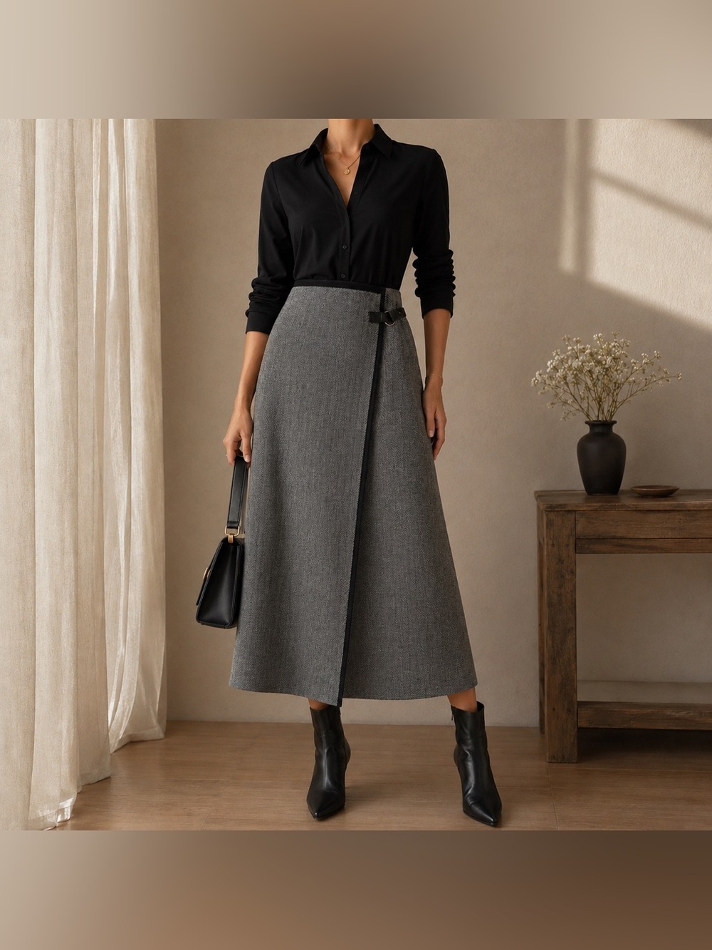 Talbots Wrap Skirt Long Midi Wool Blend Women’s 10 Petite Black Gray Office